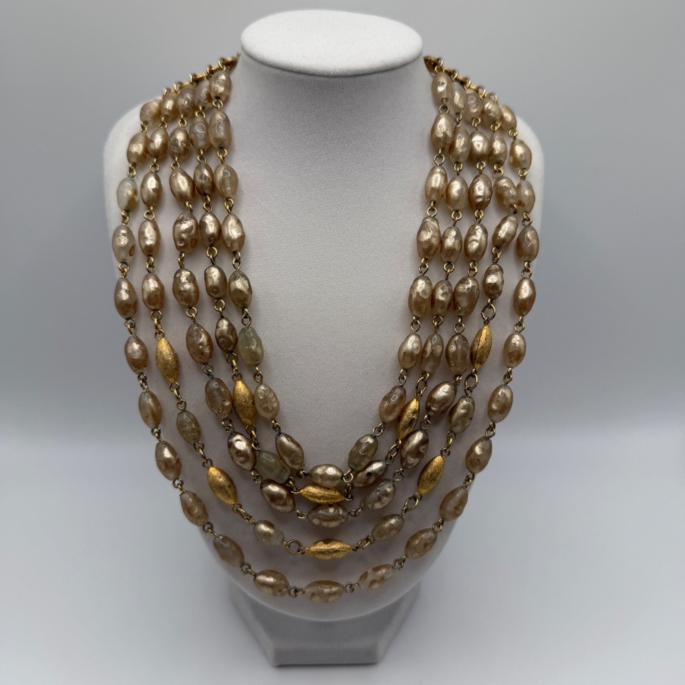 VTG 50's Champagne Faux Pearl Multi Strand Bib Necklace Gold Tone Filigree Hook